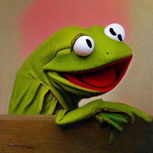 Image similar to photorealistic kermit the frog in an 1 8 5 5 painting by elisabeth jerichau - baumann. painting, oil on canvas