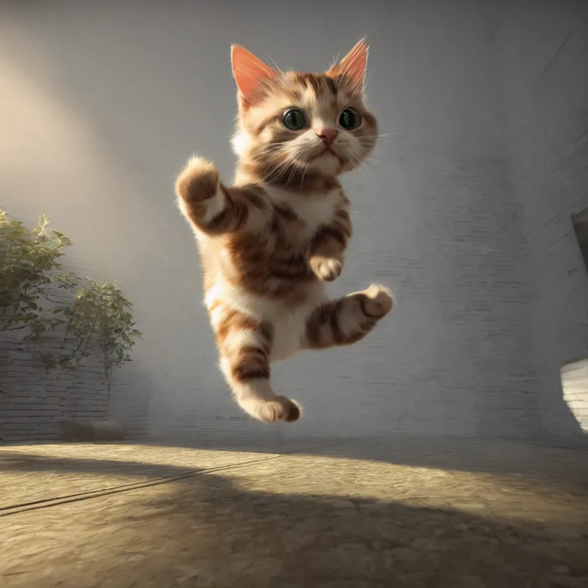 Image similar to a very cute cat jumping, unreal engine, path tracing