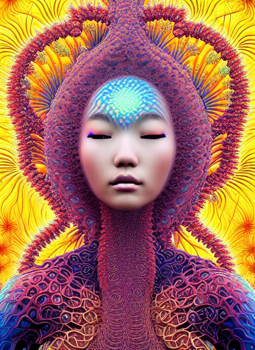 Prompt: ridiculously beautiful young asian woman tripping, coral fractals radiating from head with sacred geometry, natural, awakening, symmetrical, in the style of ernst haeckel, effervescent, warm, photo realistic, epic and cinematic,