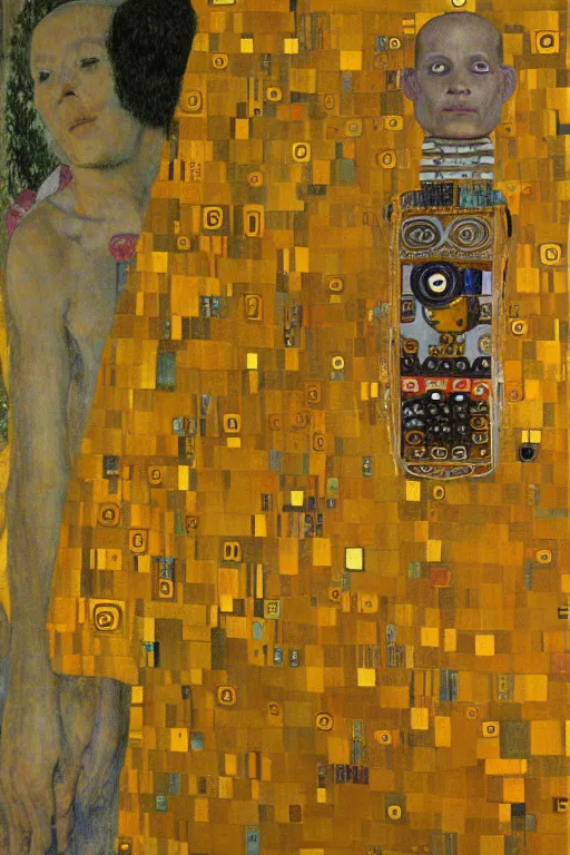 Image similar to robot monk painting a self - portrait on a canvas. intricate, highly detailed, photorealistic, film still, by gustav klimt.