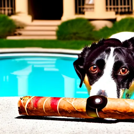 Image similar to a very detailed photo of a dog smoking a cigar outside the mansion by the pool