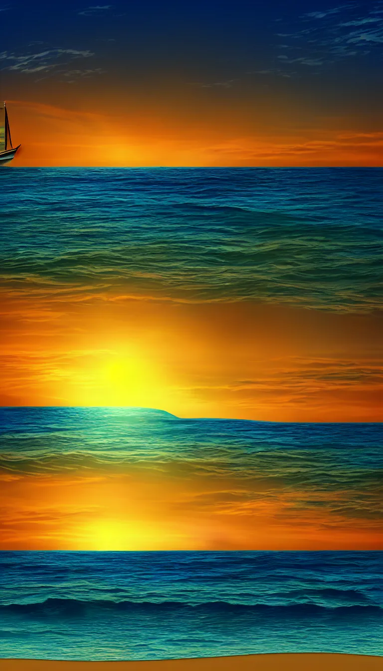 Prompt: highly detailed photo of beautiful sunset on beach, silhouette of a boat in sea, hyper realistic, concept art, 8 k detail post - processing