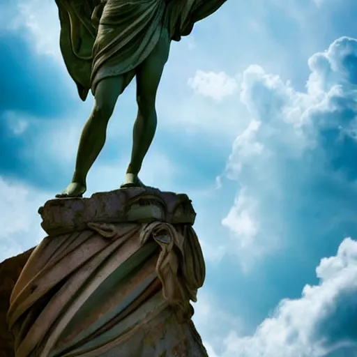 Prompt: venus, nike, the winged victory of samothrace statue made of turquoise crystal on a rock in the clouds dramatic low light volumetric lighting epic towering clouds central composition