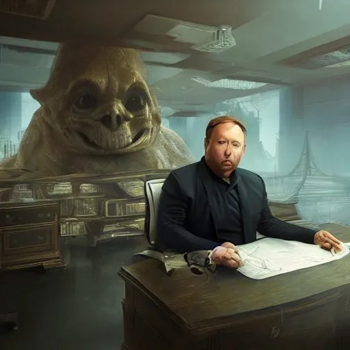 Image similar to hyperrealistic mixed media image of info wars alex jones at desk wearing hat, stunning 3 d render inspired art by xiang duan and thomas eakes and greg rutkowski, perfect facial symmetry, hyper realistic texture, realistic, highly detailed attributes and atmosphere, dim volumetric cinematic lighting, 8 k octane detailed render, post - processing, masterpiece,