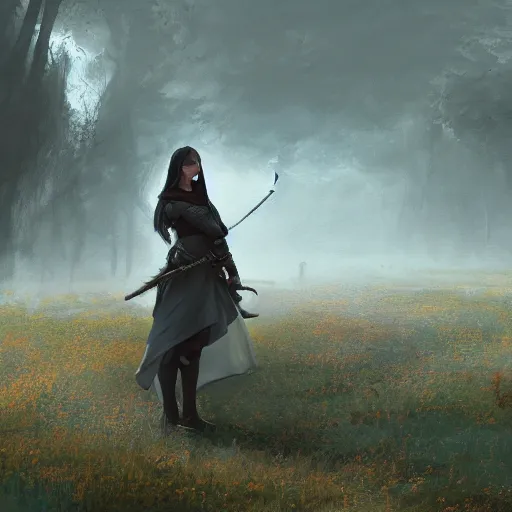 Prompt: a warrior girl with short black hair wearing a long gray cloak and gray leather boots standing on a medieval fantasy meadow landscape, digital art, oil on canvas, by andreas rocha, trending on artstation, 4k wallpaper, vibrant colors