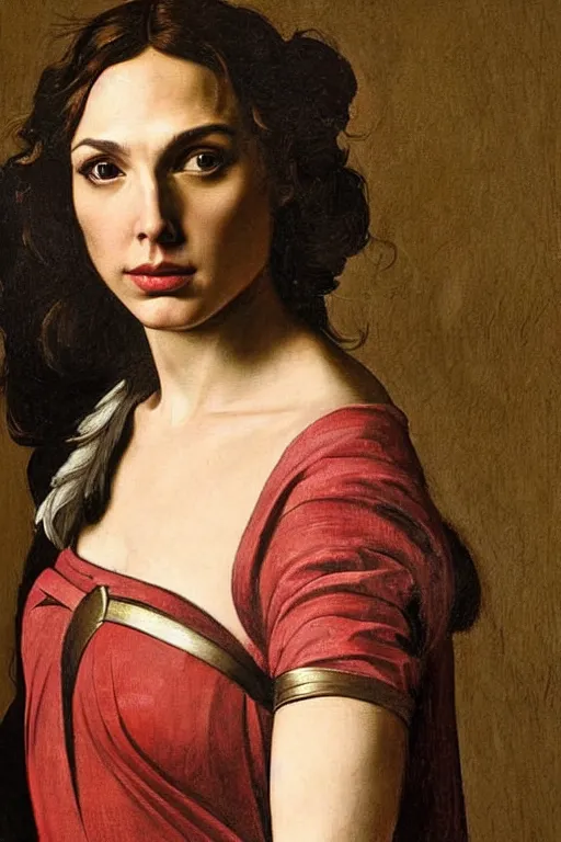Prompt: a portrait of a Gal Gadot, beautiful clothes, oil painting in a renaissance style , very detailed, painted by Caravaggio.