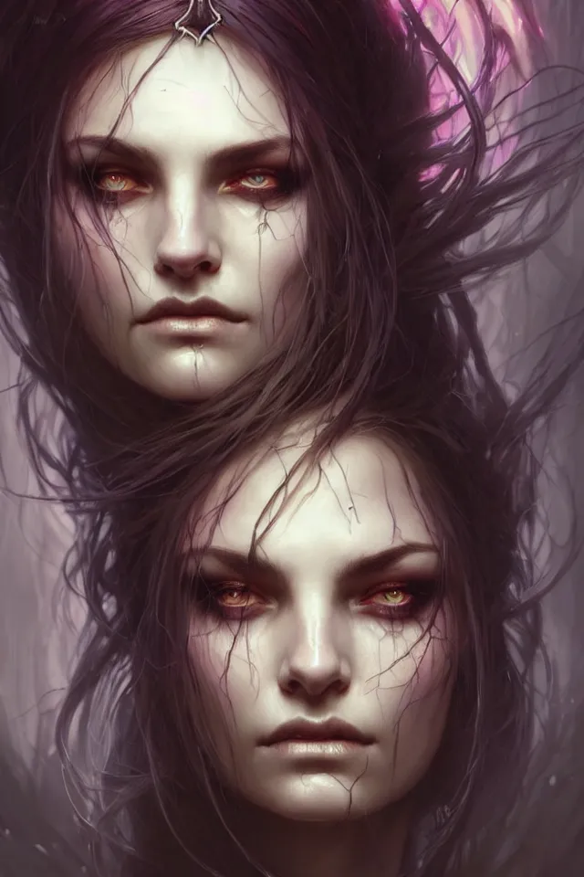 Image similar to Necromancer Sorceress face close-up macro in center, fantasy magic, undercut hairstyle, dark light night, intricate, elegant, sharp focus, illustration, highly detailed, digital painting, concept art, matte, art by WLOP and Artgerm and Greg Rutkowski and Alphonse Mucha, masterpiece