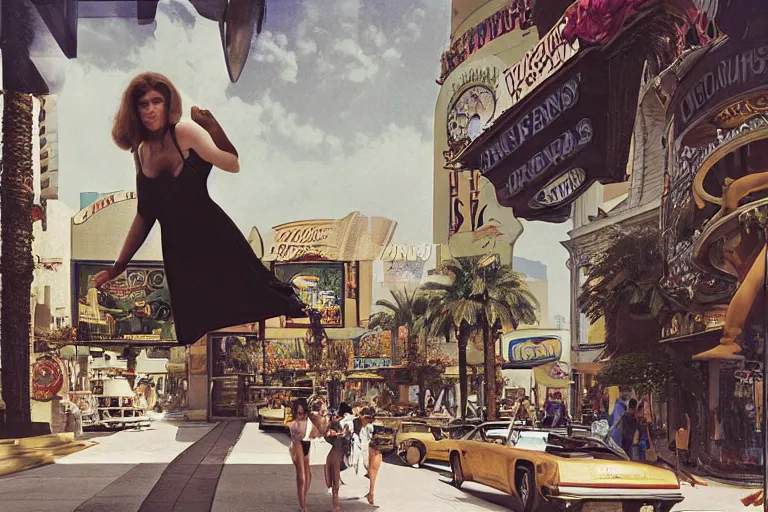 Prompt: photography of gregory crewdson, 1 9 7 6 portrait of a woman floating in the air, background is a vegas street scene, deep focus, intricate, elegant, highly detailed, artstation, concept art, matte, sharp focus, art by artgerm and greg rutkowski and alphonse mucha