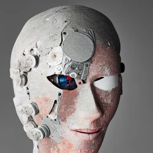 Image similar to papier - mache of a female cyborg. studio lighting, canon 5 d 5 0 mm lens