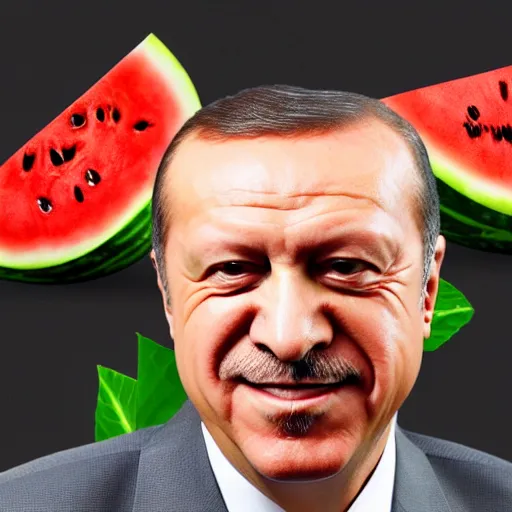 Image similar to recep tayyip erdogan smiling holding watermelon, studio photograph, hd, studio