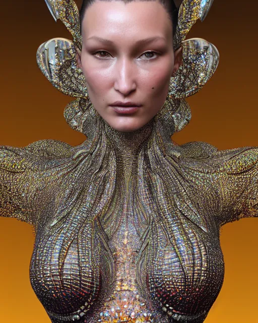 Image similar to a highly detailed metahuman 4 k close up render of an alien goddess bella hadid as alien in iris van herpen dress schiaparelli in diamonds crystals swarovski and jewelry iridescent in style of alphonse mucha gustav klimt trending on artstation made in unreal engine 4