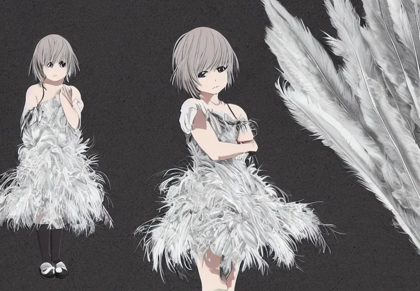 Prompt: little girl with a short white haircut wearing a dress made of feathers, artwork in the anime style, dark, anatomically perfect