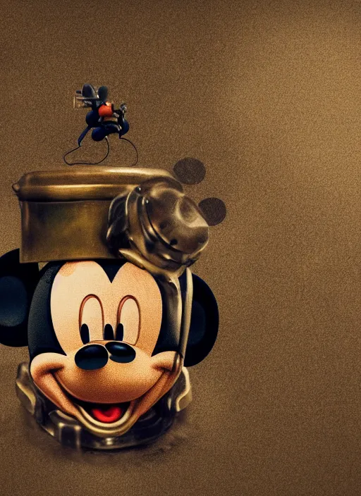 Image similar to mickey mouse, gas mask, fractal, leathery, wet, broken, melting, rococo, mycelium, baroque, sumerian, radiant alien, magic kingdom, octane render, high detail