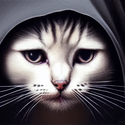 Image similar to a portrait of a kitten wearing a black hood, cloak covering face, anatomically correct, beautiful perfect face, enigmatic, oil painting, matte, black background, Volumetric dynamic lighting, Highly Detailed, Cinematic Lighting, Unreal Engine, 8k, HD, by Beksinski