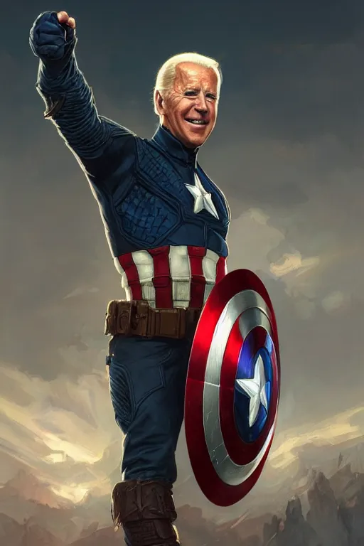 Image similar to Joe Biden as Captain America, western, D&D, fantasy, intricate, elegant, highly detailed, digital painting, artstation, concept art, matte, sharp focus, illustration, art by Artgerm and Greg Rutkowski and Alphonse Mucha