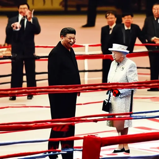 Prompt: Xi Jinping in a boxing match with the Queen of England,