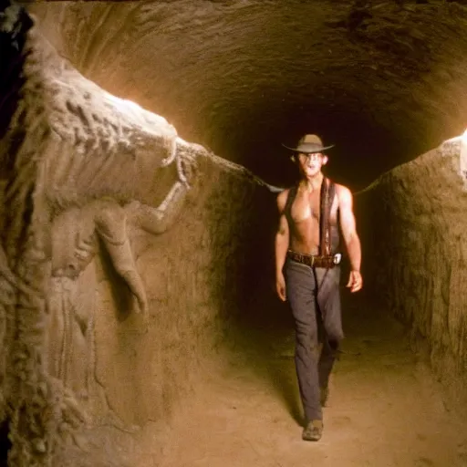 Image similar to film still of Joseph Gordon Levitt as Indiana Jones, walking through an Egyptian tomb in temple of doom film, 4k