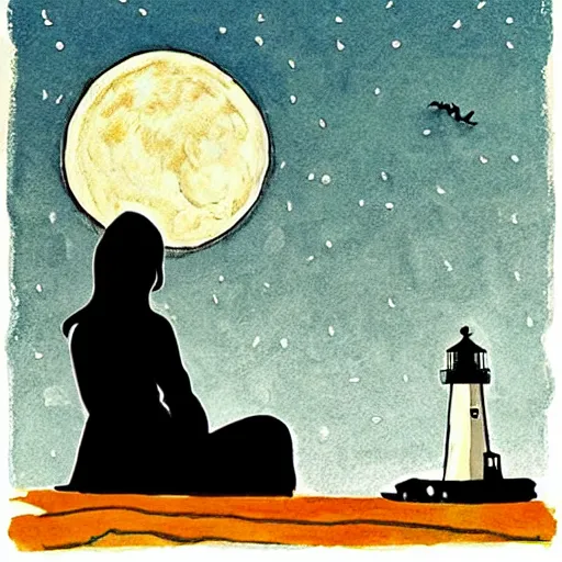 Prompt: folk horror art style depiction of a woman sitting by a harbour. lighthouse. night full moon. glowing.