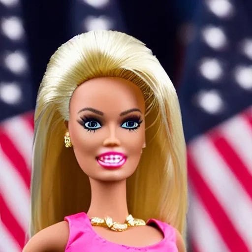 Prompt: photograph of Donald Trump dressed up as barbie