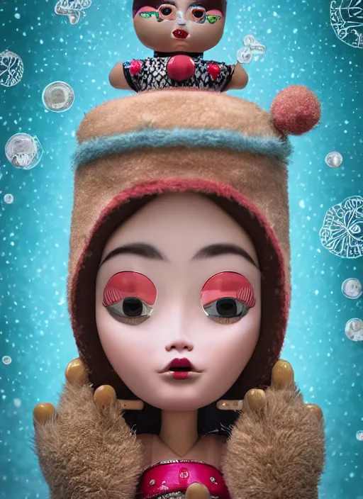 Image similar to closeup profile portrait of tin toy eskimo igloo bikini girl, depth of field, zeiss lens, detailed, symmetrical, centered, fashion photoshoot, by nicoletta ceccoli, mark ryden, lostfish, breathtaking, 8 k resolution, extremely detailed, beautiful, establishing shot, artistic, hyperrealistic, octane render