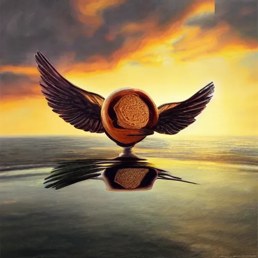 Prompt: a pancake with wings, flapping its wings flying in sunset sky, oil on canvas, portrait, intricate, 8k highly professionally detailed, HDR, CGsociety