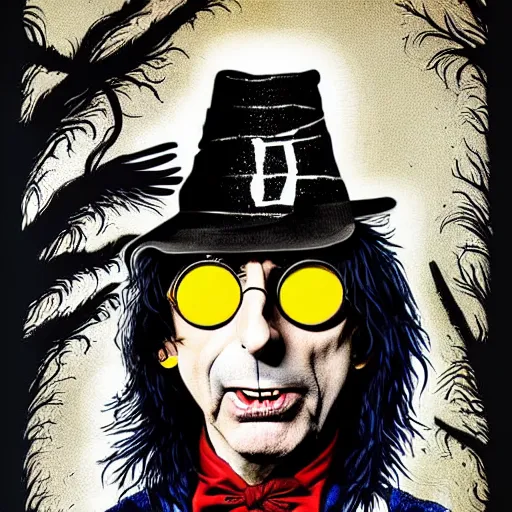 Image similar to graphic illustration, creative design, alice cooper as harry potter, biopunk, francis bacon, highly detailed, hunter s thompson, mixed media