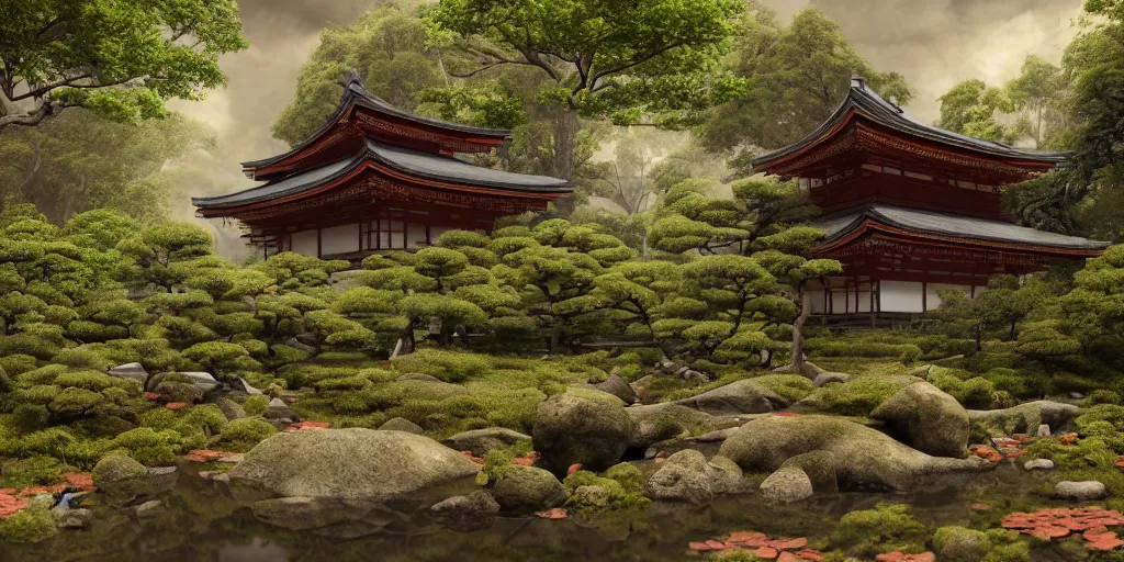 Image similar to a ancient japanese temple in the middle of a forest mear a small river, extremely highly detailed, high quality, 8K HDR, octane render, unreal engine 5, hyperrealistic, concept art, trending on Artstation, dramatic lighting, cinematic, high coherence, path tracing, ruins, clouds in the sky, singular building, centered