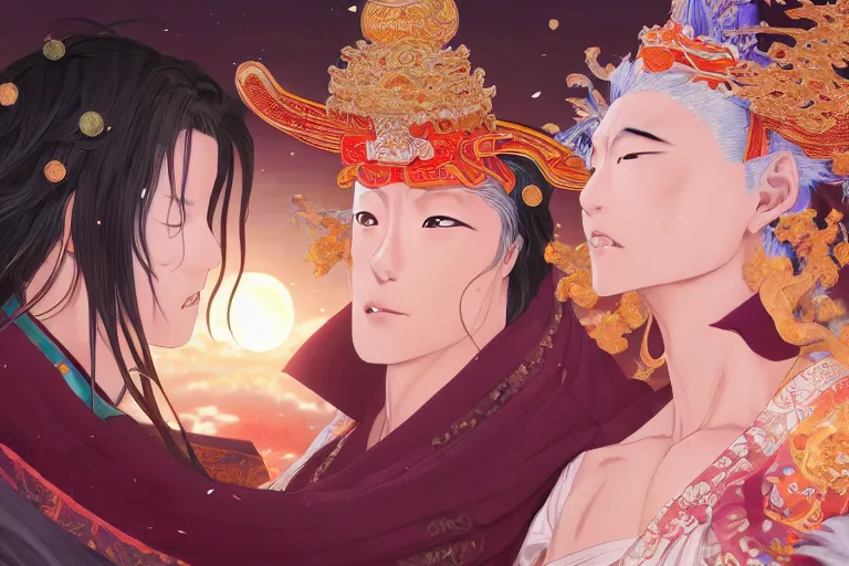 Image similar to close up moment of a divine a japan sun god and a moon goddess lovers magician at a wedding banquet, highly detailed, genshin, fantasy, 4 k realistic, digital painting, trending on artstation, concept art, sharp focus, illustration, art by makoto shinkai and akihiko yoshida and daniel gerhartz