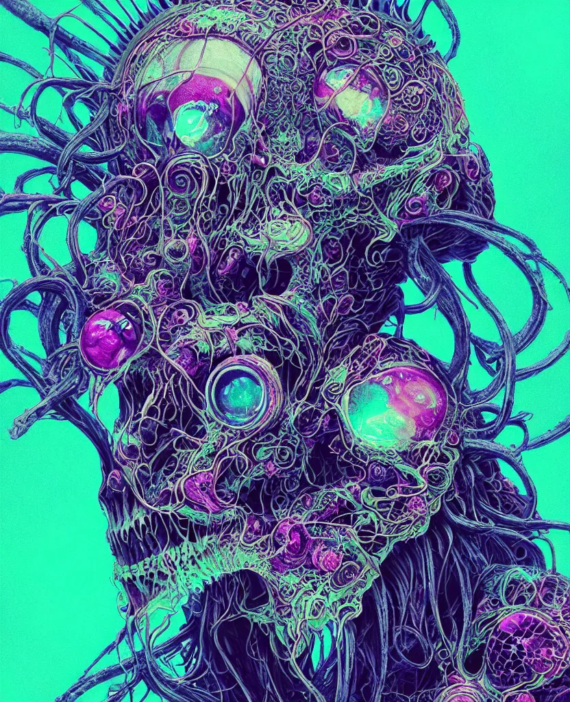 Prompt: psychedelic shaman close - up portrait goat skull. jellyfish phoenix head, nautilus, orchid, monkey skull, betta fish, bioluminiscent creatures, intricate artwork by tooth wu and wlop and beeple. octane render, trending on artstation, greg rutkowski very coherent symmetrical artwork. cinematic, hyper realism, high detail, octane render, 8 k