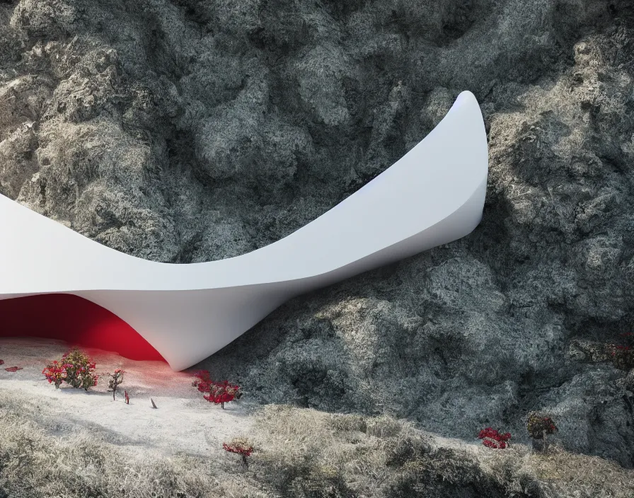 Prompt: white minimalist architecture, only stone grotto in the center, portal. zaha hadid, oscar niemeyer, architectural rendering. trending on artstation. vogue magazine. halo. octane rendering, cinematic, hyperrealism, octane rendering, 8 k, depth of field, bokeh. iridescent accents. vibrant. teal gold and red color scheme