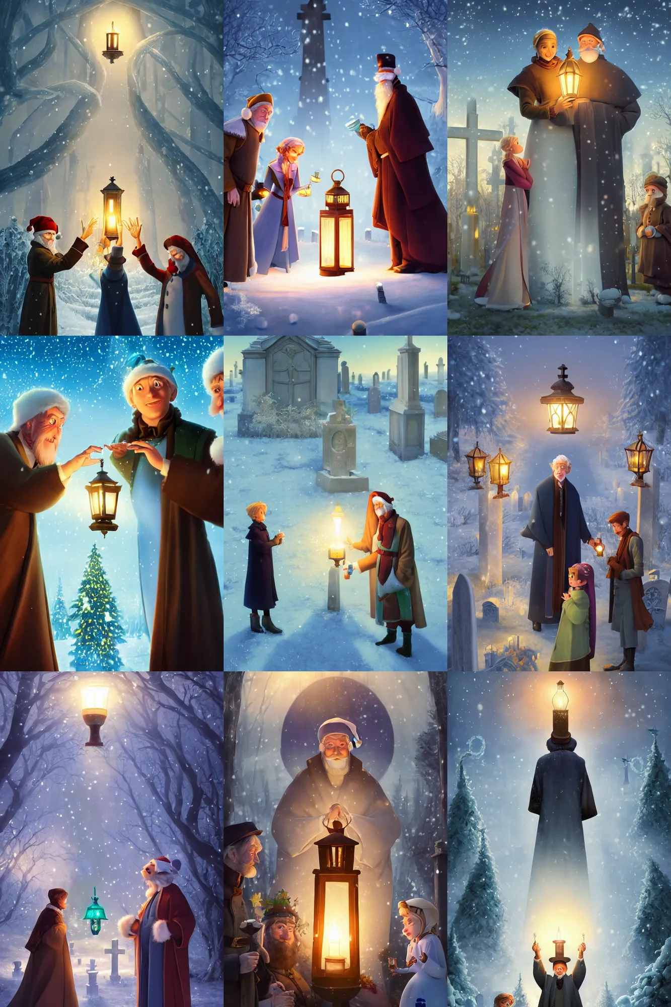 Prompt: senior cleric holding a lantern in a cemetery solving mysteries, Klaus Christmas Frozen Movie poster, artwork by Chiho Aoshima, Donato Giancola, Craig Mullins, a Rendering of a cinematic beautiful closeup moment of friends standing facing toward their love, full of details, Matte painting, trending on artstation and unreal engine
