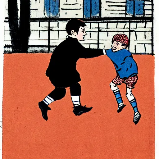 Image similar to book illustration of a french boy on the streets of paris playing football against a corgi, the dog is wearing a polka dot scarf, 1 9 6 6