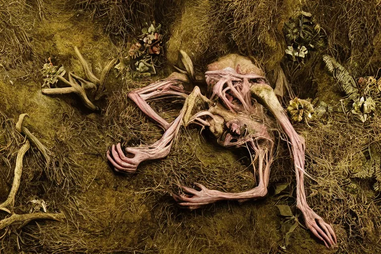 Image similar to photography of a tyrolean farmer, crawling on forest floor, wearing hay coat, with horns, roots coming out of mouth visible muscles and veins and arteries and bones and spines and nerves, eerie, flowers growing out of his body, detailed intricate insanely detailed octane render, 8k artistic 1920s photography, photorealistic, chiaroscuro, by David Cronenberg, Raphael, Caravaggio