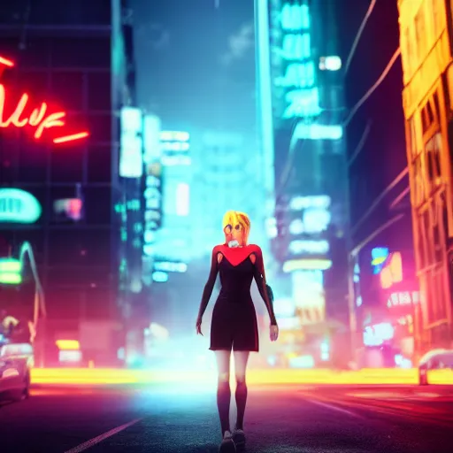 Image similar to Annie Leonhart in a neon city, octane render 8k, atmospheric render