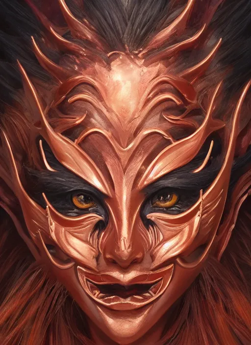 Image similar to a beautiful detailed oil on copper art illustration of a japanese shityome mask devil woman, the mask is broken, centered, by charlie bowater, zeng fanzh, trending on artstation, dim dusk lighting, cinematic lighting, detailed lighting, volumetric lighting, realistic, f 8, 4 k hd wallpaper