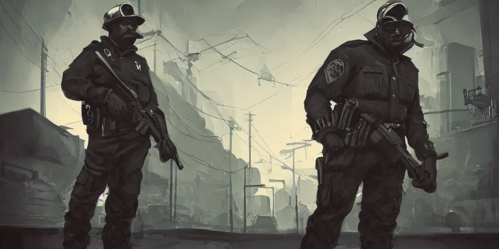 Prompt: gritty illustration of street cop on an industrial planet, dark light, style of Patryk Hardziej, trending on Artstation,