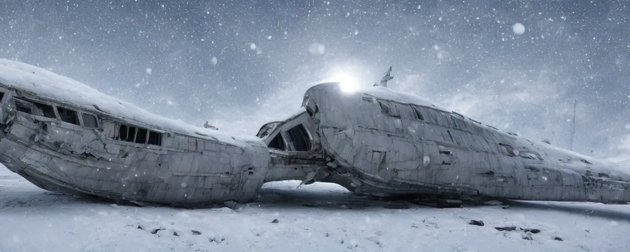 Prompt: abandoned starship in covered in snow, hyper detailed, ultra realistic