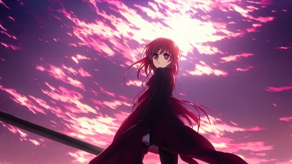 Image similar to emma watson, heavens feel movie, demon slayer, ufotable, kyoani, high quality, artstation, key visual, cinematic, city background, night time, rooftop, fate stay night, unlimited blade works, greg rutkowski, high resolution, dynamic pose, extreme close up, rin outfit, anime, high angle, high budget