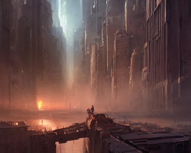 Prompt: great city at the end of time after the Great Warping, a sci-fi digital painting by Greg Rutkowski and James Gurney, trending on Artstation