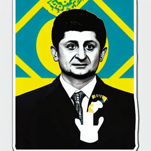 Image similar to volodymyr oleksandrovych zelensky president of ukraine. face like in his photographs. intricate sticker design by andy warhol