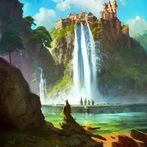 Image similar to A beautiful digital painting of a castle, waterfall, lovely valley by Stanley Artgerm Lau, frank frazetta, Rossdraws, James Jean, gerald brom, Andrei Riabovitchev, Marc Simonetti, and Sakimichan, trending on artstation