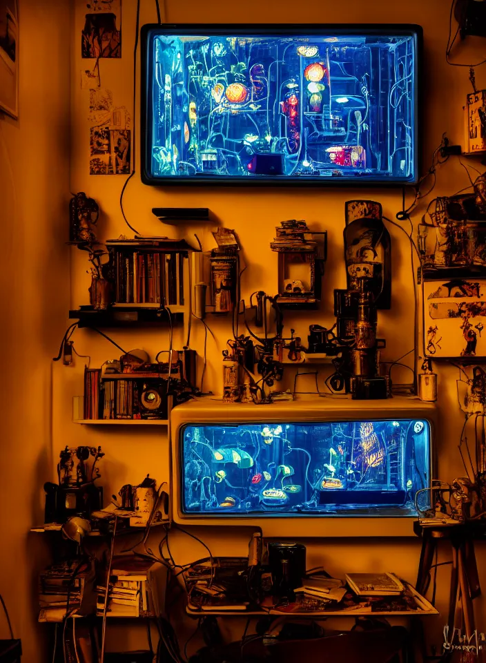 Prompt: telephoto 7 0 mm f / 2. 8 iso 2 0 0 photograph depicting the feeling of chrysalism in a cosy cluttered french sci - fi art nouveau cyberpunk apartment in a dreamstate art cinema style. ( ( computer screens ( ( ( fish tank ) ) ) ) ), ambient light.