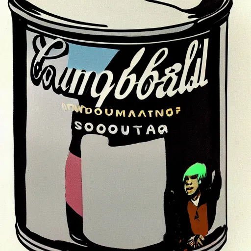 Image similar to Andy Warhol climbing out of a soup can