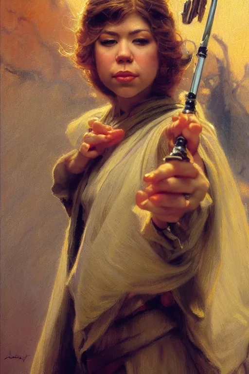 Image similar to detailed portrait of jennette mccurdy dressed as jedi, painting by gaston bussiere, craig mullins, j. c. leyendecker