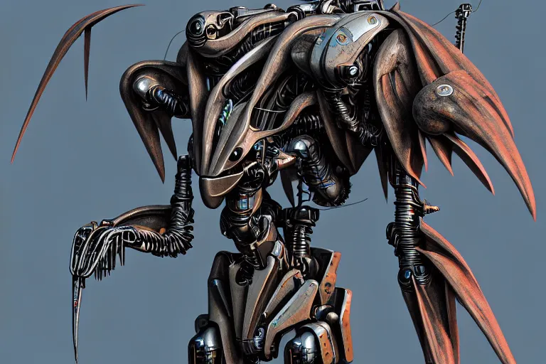 Image similar to pterodactyl in a winged cyborg mech suit, by alexandre ferra, zezhou chen, peter gric, mohamed reda and hr giger, hyper detailed line art, screen print, character concept art, realistic, coherent, octane render, zbrush central, behance hd, hypermaximalist