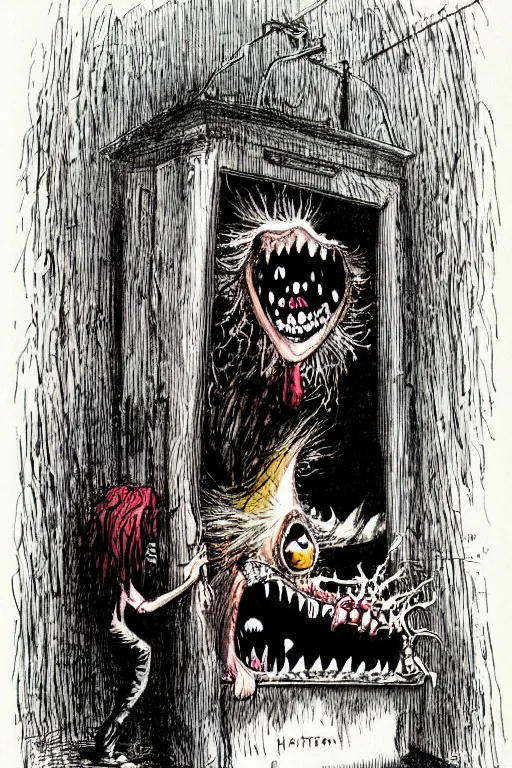 Prompt: monster hiding in the closet by ralph steadman