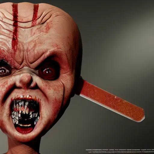 Image similar to portrait ultra dimensional popsicle shaped like a screaming chucky doll, ultra high definition, unreal engine 5, hyperrealism, masterpiece composition, 8 k photorealistic