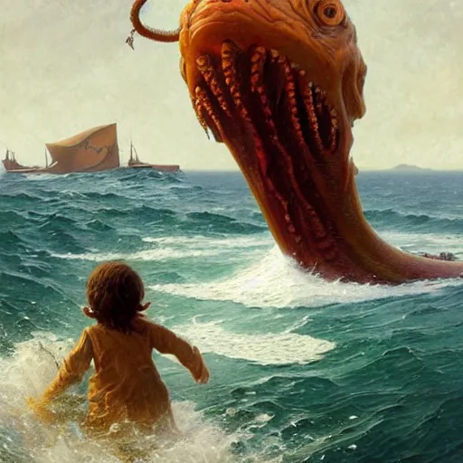 Prompt: an enormous eldritch sea monster peaking it's gigantic head out of the ocean in front of a tiny lifeboat with two children. detailed. photo realistic. masterpiece. john charles dollman. rhads. tianhua xu.