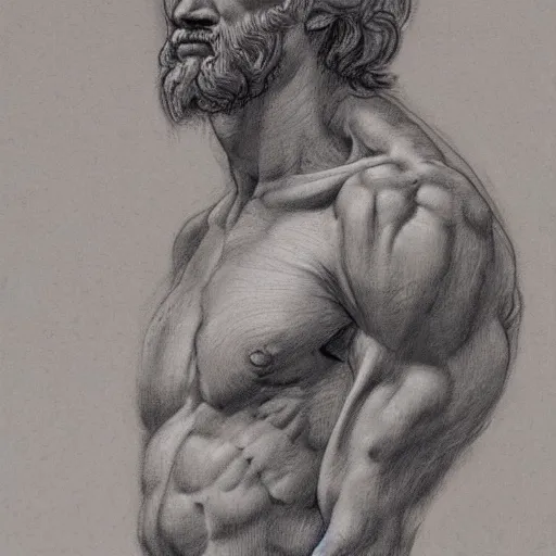 Image similar to Chalk drawing study of a man, musculature, Michelangelo, 17th-century, spontaneous linework, academic pose, highly masterful, detailed
