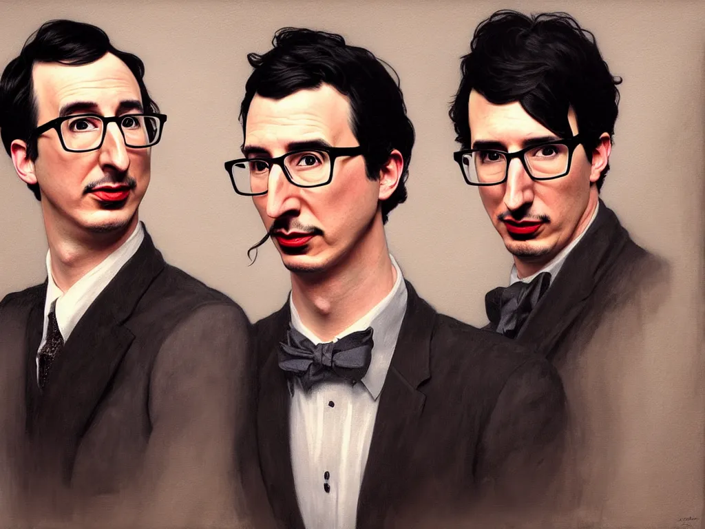 Image similar to photo booth, painting of both john oliver and adam driver together, john oliver in front, full body, elegant, beautiful, highly detailed, centered, dark, smokey, digital painting, concept art, smooth, sharp focus, illustration, deviant art, art by artgerm, art by greg rutkowski, art by alphonse mucha